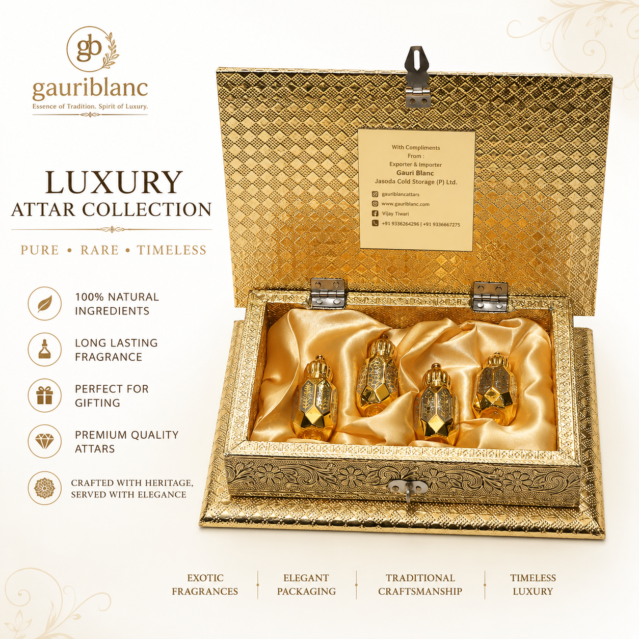 Gauri Blanc – Arabian Majesty Collection Royal Oud & Amber Attar 4 Square Gold Bottles 6ML
