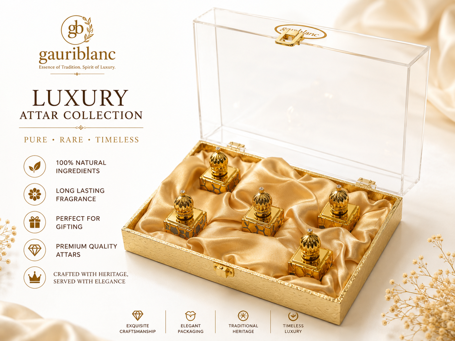 Gauri Blanc – Emerald Royale Bela, Gulab, Jasmine, kesar chandan & Rajnigandha Attar Luxury Gift Box 5 Bottle12ML Bottle