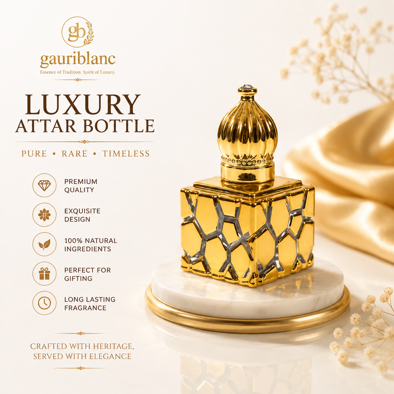 Gauri Blanc – Golden Sultan Saffron Oud Attar Single Gold Square Bottle 12ML